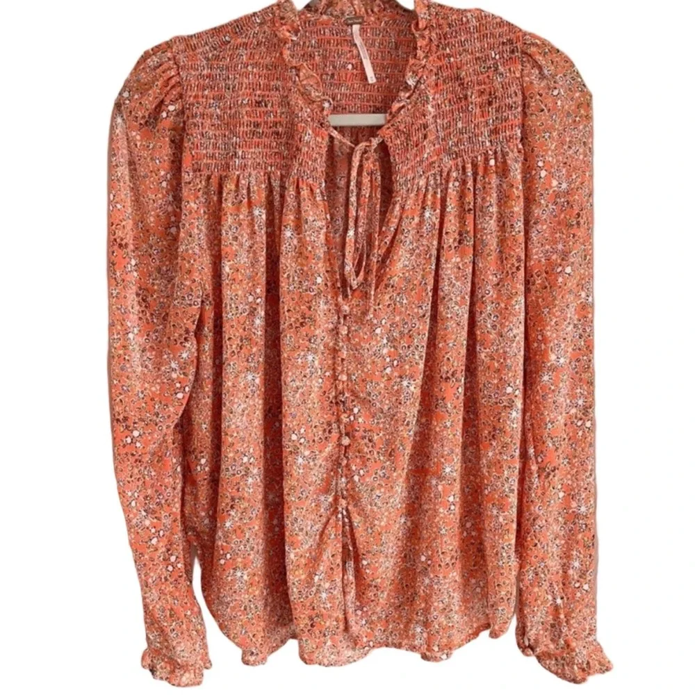 Free People Rare Feelings Blouse Orange Floral Smocked V-Neck Top OB1010657 S